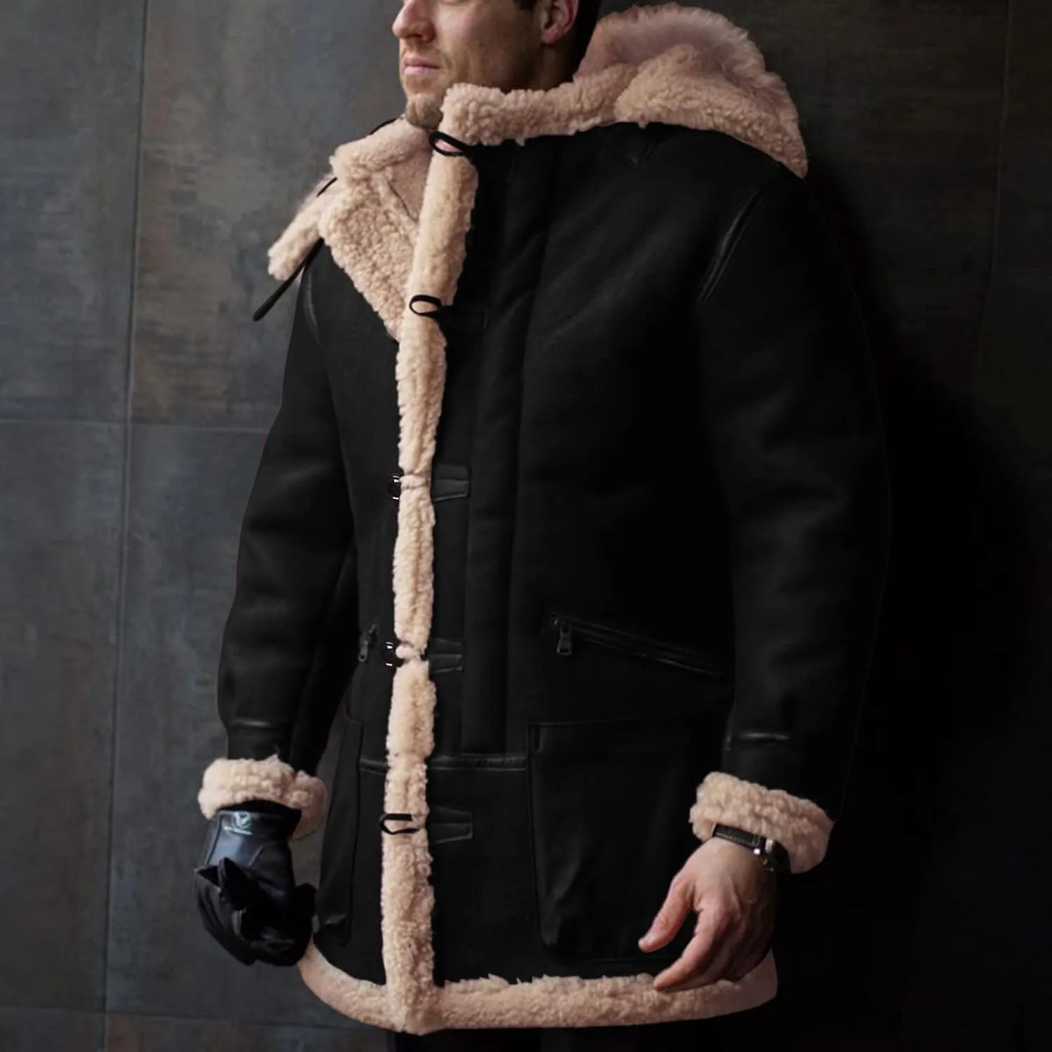 Ymosrh Men's Outdoor Coat Shearling Jackets Winter Warm Long Pea Coat Trench Sherpa Lined Thicken Coats, M-5XL