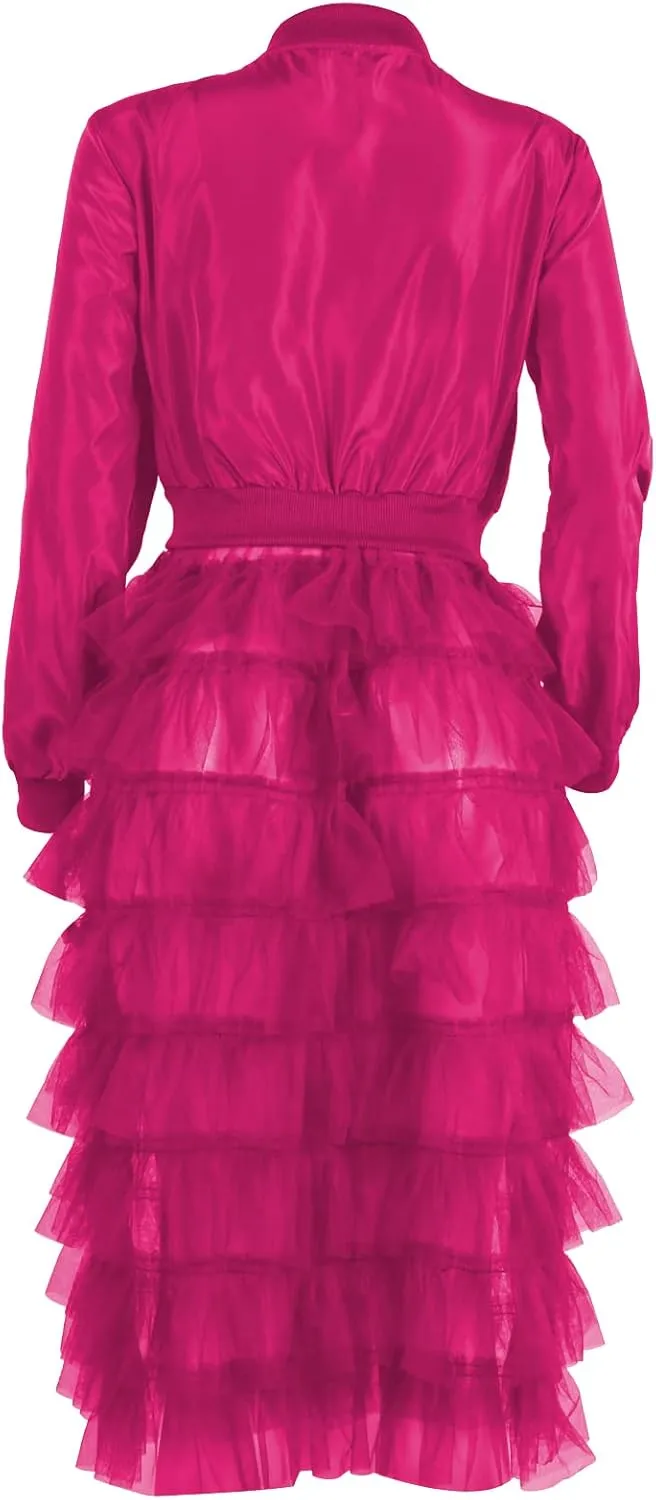YOOTKO Vintage Varsity Bomber Jackets Women Long Sleeve Trench Coat Dress with Tulle Mesh Hems