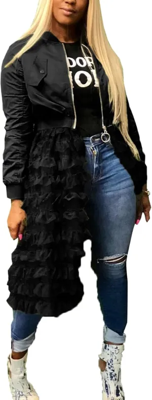 YOOTKO Vintage Varsity Bomber Jackets Women Long Sleeve Trench Coat Dress with Tulle Mesh Hems