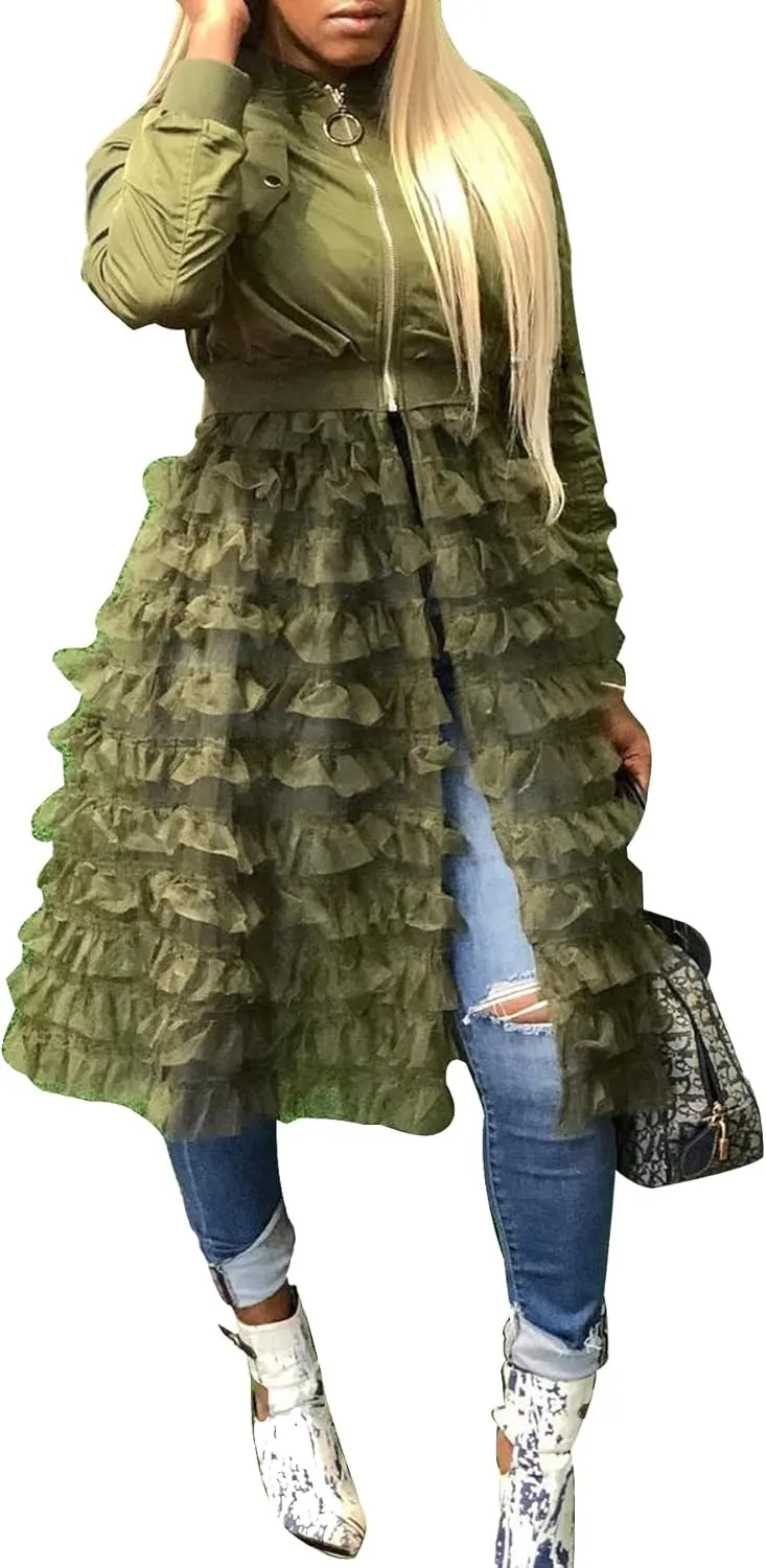 YOOTKO Vintage Varsity Bomber Jackets Women Long Sleeve Trench Coat Dress with Tulle Mesh Hems