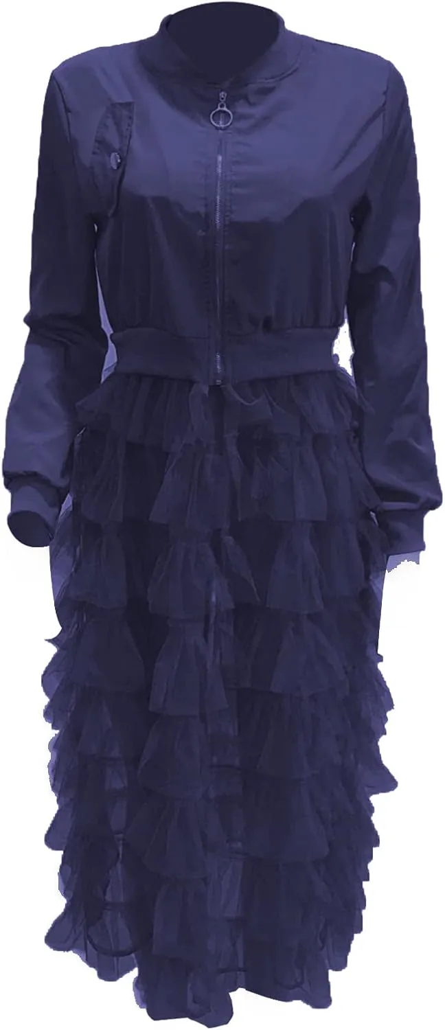 YOOTKO Vintage Varsity Bomber Jackets Women Long Sleeve Trench Coat Dress with Tulle Mesh Hems