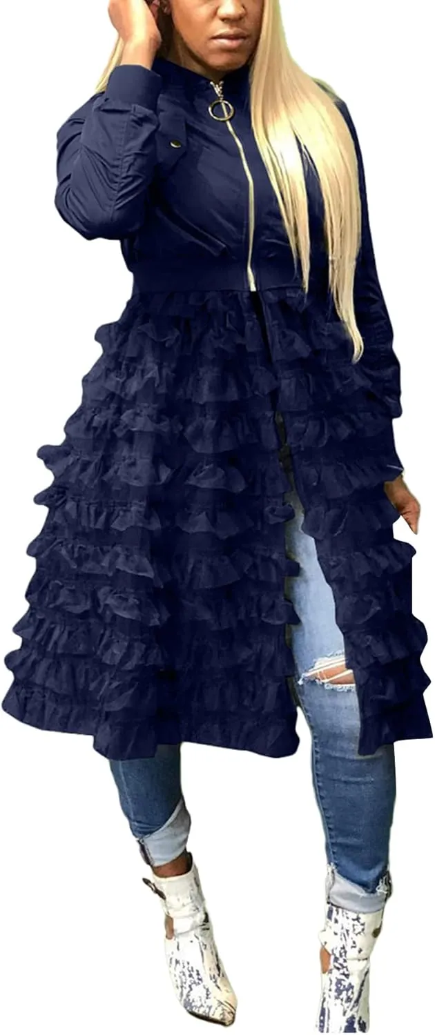 YOOTKO Vintage Varsity Bomber Jackets Women Long Sleeve Trench Coat Dress with Tulle Mesh Hems