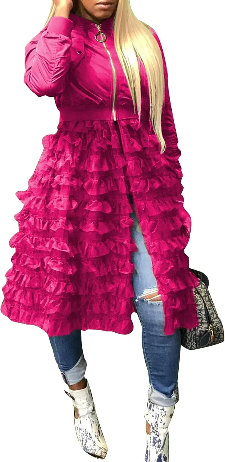 YOOTKO Vintage Varsity Bomber Jackets Women Long Sleeve Trench Coat Dress with Tulle Mesh Hems
