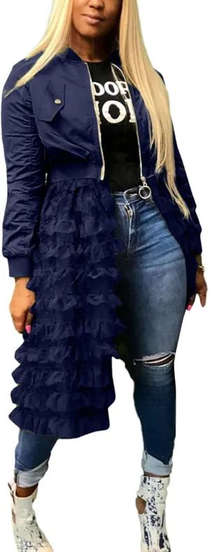 YOOTKO Vintage Varsity Bomber Jackets Women Long Sleeve Trench Coat Dress with Tulle Mesh Hems