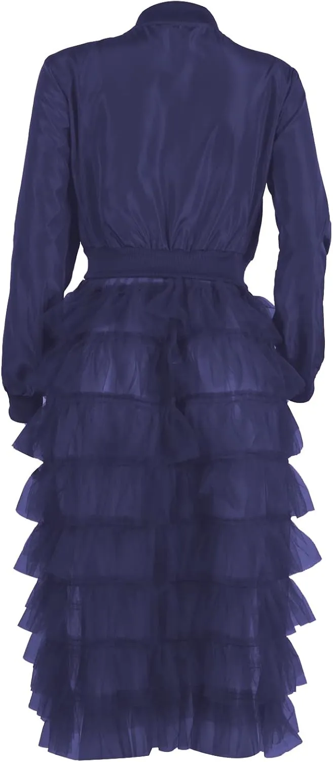 YOOTKO Vintage Varsity Bomber Jackets Women Long Sleeve Trench Coat Dress with Tulle Mesh Hems