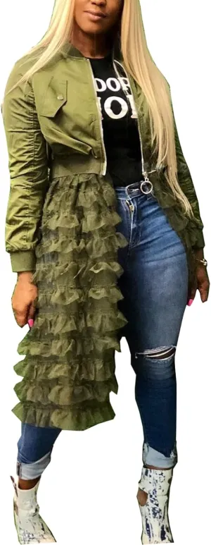 YOOTKO Vintage Varsity Bomber Jackets Women Long Sleeve Trench Coat Dress with Tulle Mesh Hems