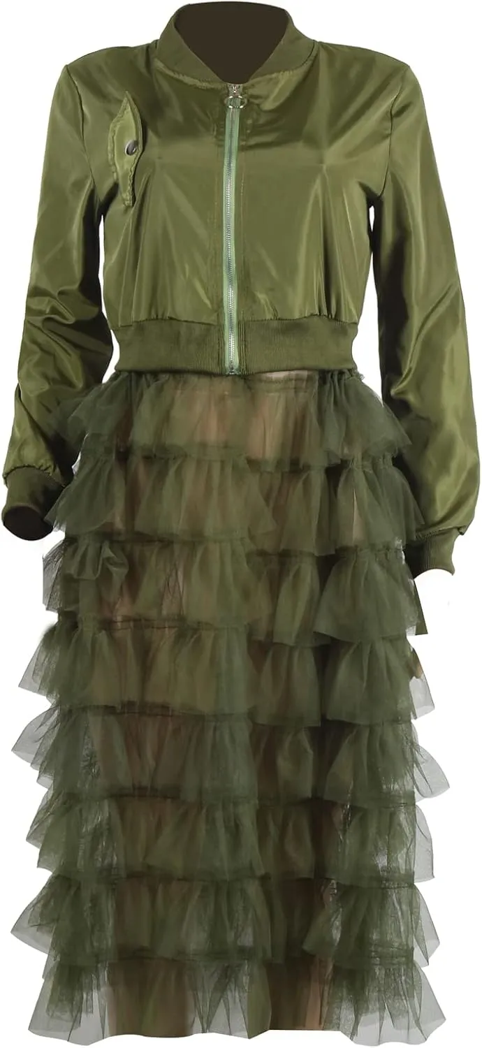 YOOTKO Vintage Varsity Bomber Jackets Women Long Sleeve Trench Coat Dress with Tulle Mesh Hems