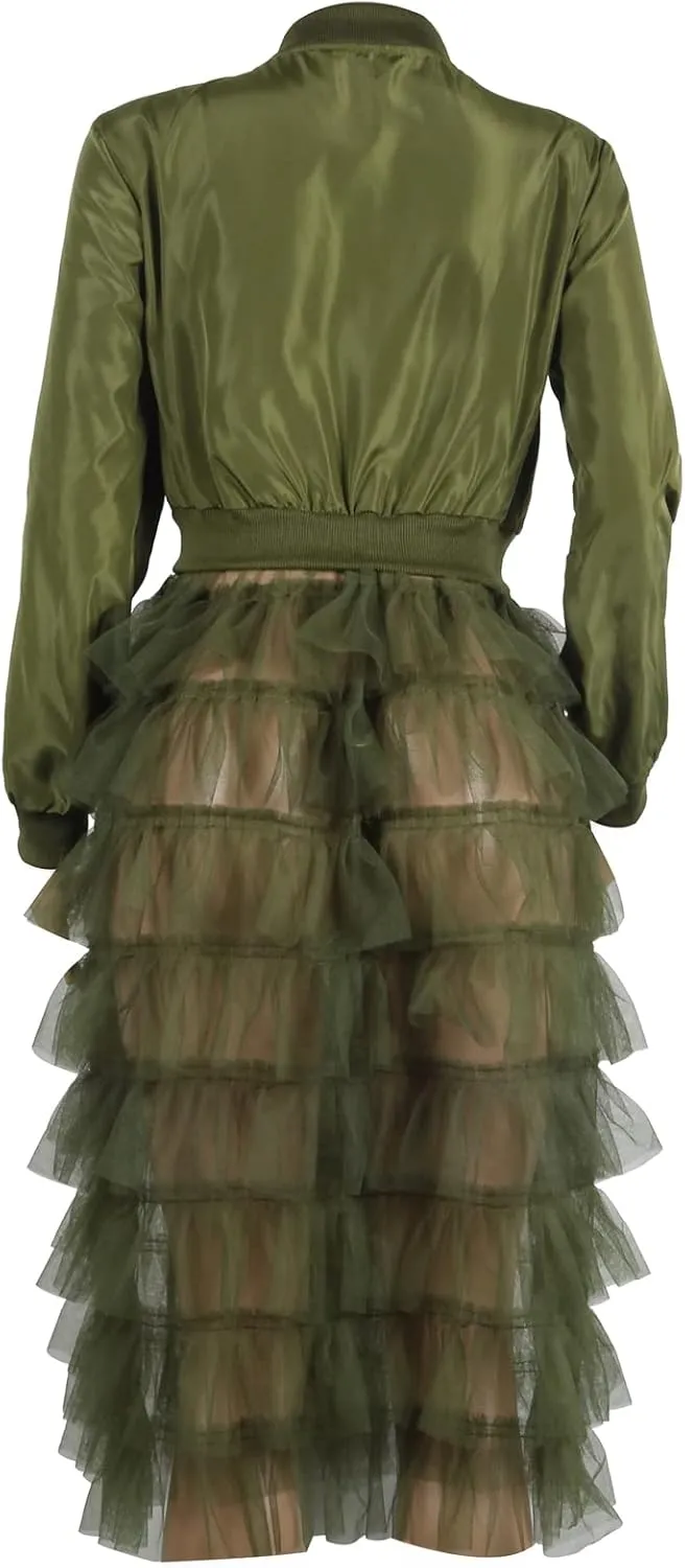 YOOTKO Vintage Varsity Bomber Jackets Women Long Sleeve Trench Coat Dress with Tulle Mesh Hems