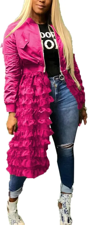 YOOTKO Vintage Varsity Bomber Jackets Women Long Sleeve Trench Coat Dress with Tulle Mesh Hems