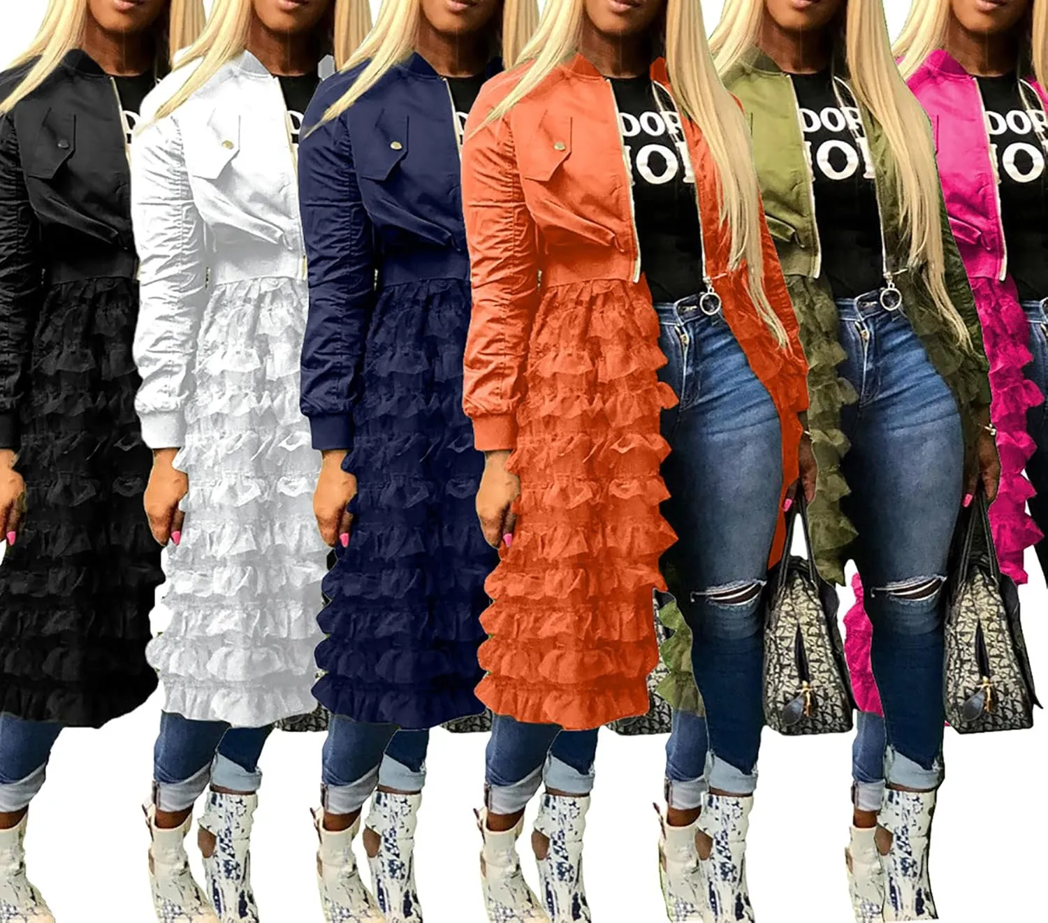 YOOTKO Vintage Varsity Bomber Jackets Women Long Sleeve Trench Coat Dress with Tulle Mesh Hems