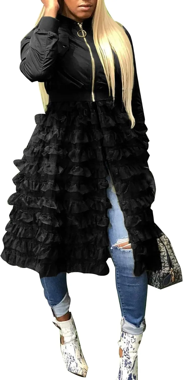 YOOTKO Vintage Varsity Bomber Jackets Women Long Sleeve Trench Coat Dress with Tulle Mesh Hems