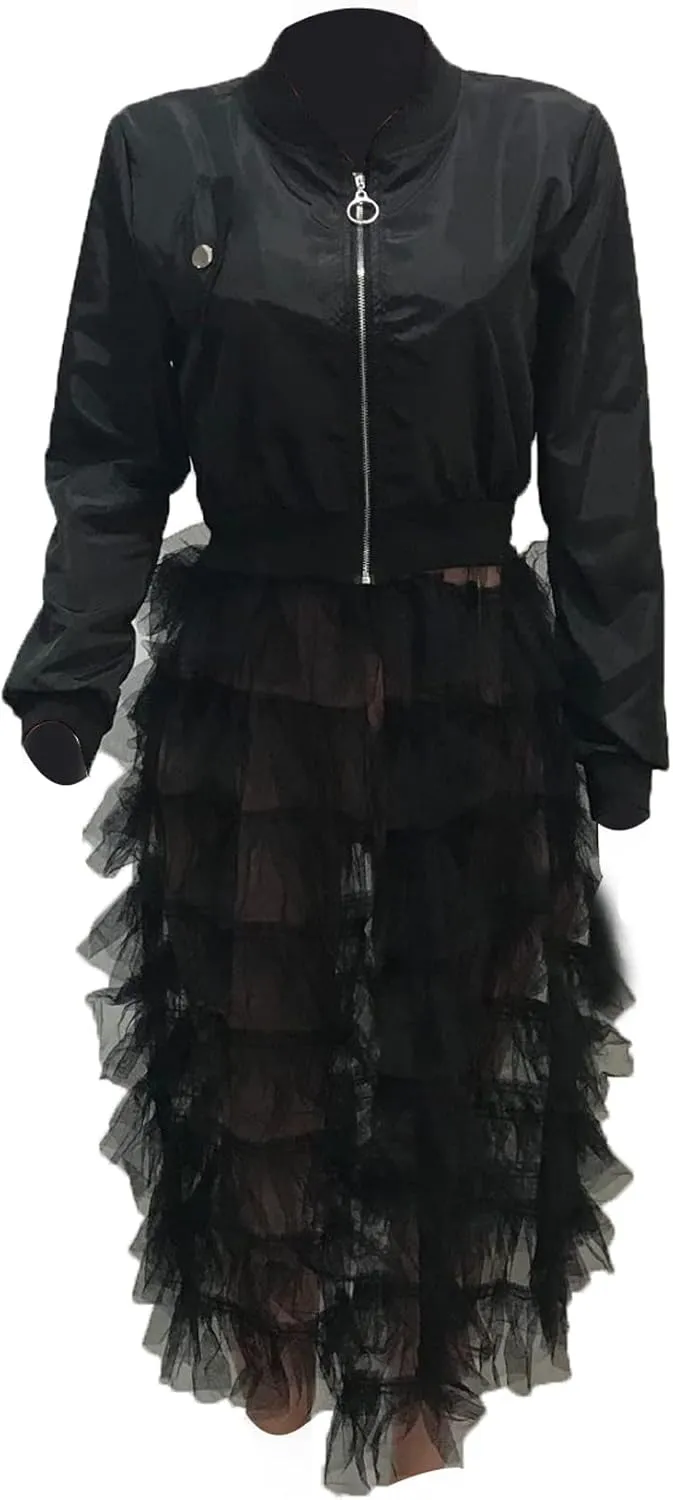 YOOTKO Vintage Varsity Bomber Jackets Women Long Sleeve Trench Coat Dress with Tulle Mesh Hems