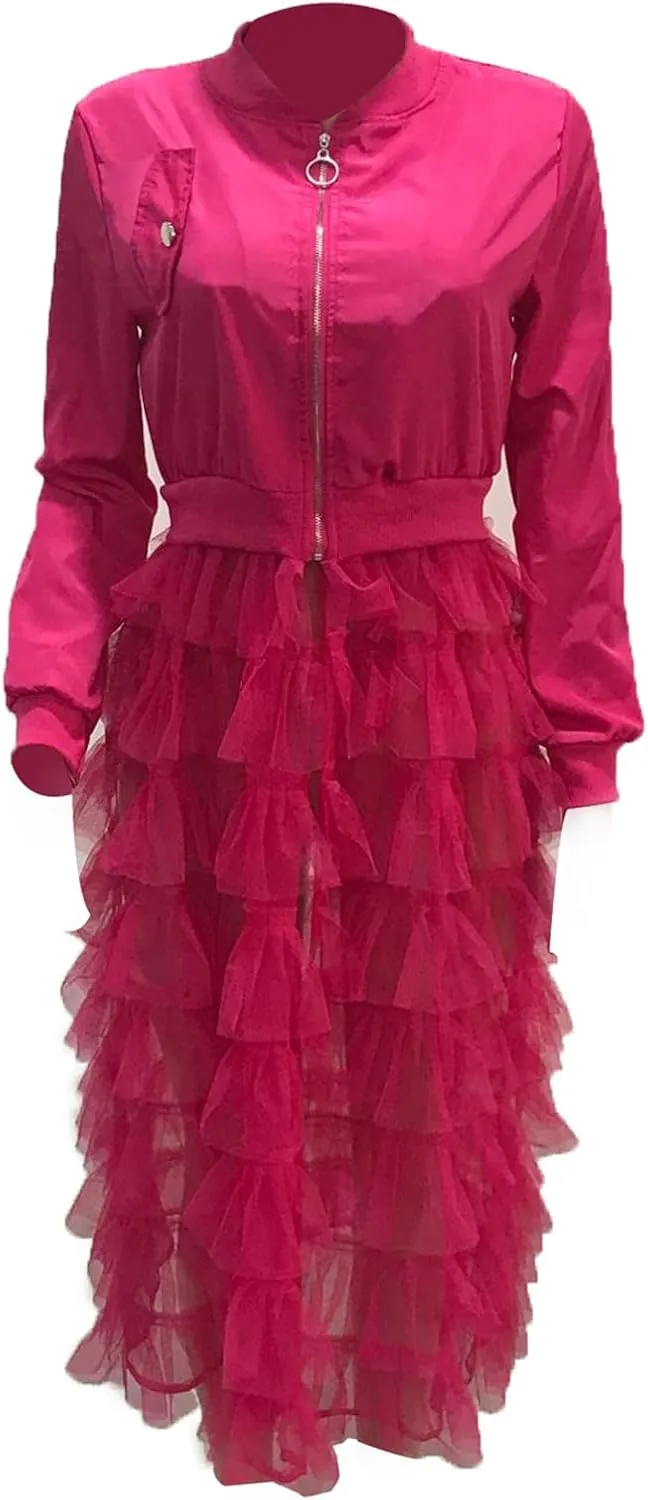 YOOTKO Vintage Varsity Bomber Jackets Women Long Sleeve Trench Coat Dress with Tulle Mesh Hems