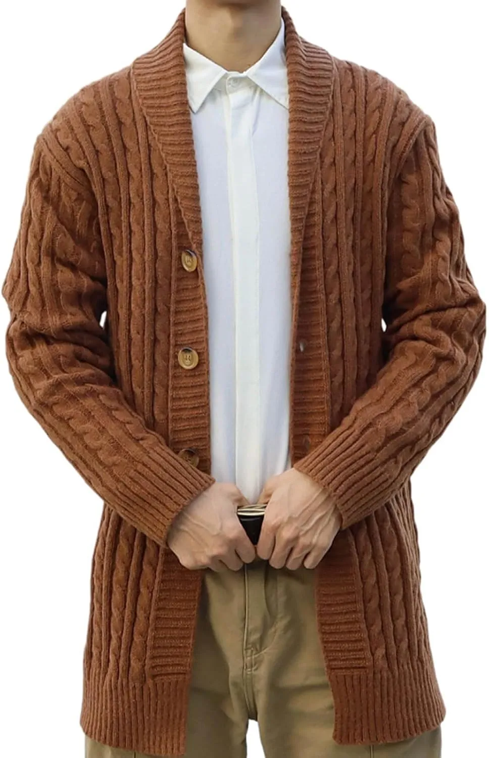 Zeiyignr Mens Casual Long Cardigan Sweaters Long Sleeve Shawl Collar Button Down Cable Knit Coat Winter Warm Sweater Jacket