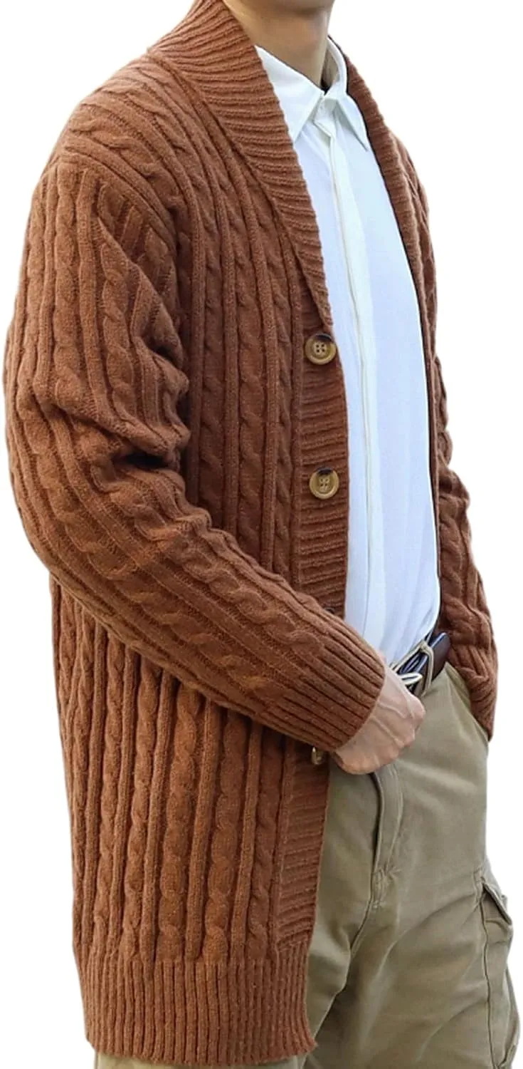 Zeiyignr Mens Casual Long Cardigan Sweaters Long Sleeve Shawl Collar Button Down Cable Knit Coat Winter Warm Sweater Jacket