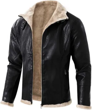 Zeiyignr Men's Faux Leather Trucker Jacket Slim Fit Bomber Jacket Casual Sherpa Fleece Lined Jacket Warm Coat With Fur Collar