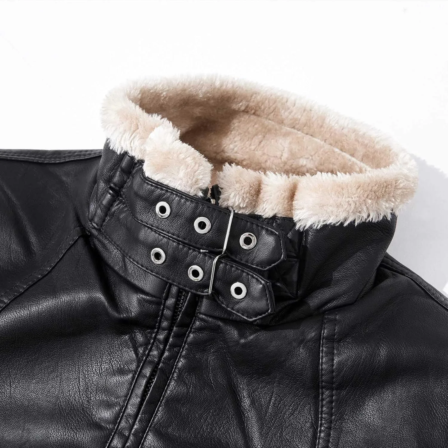 Zeiyignr Men's Faux Leather Trucker Jacket Slim Fit Bomber Jacket Casual Sherpa Fleece Lined Jacket Warm Coat With Fur Collar