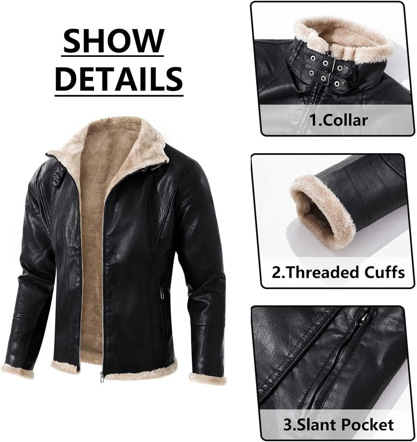 Zeiyignr Men's Faux Leather Trucker Jacket Slim Fit Bomber Jacket Casual Sherpa Fleece Lined Jacket Warm Coat With Fur Collar