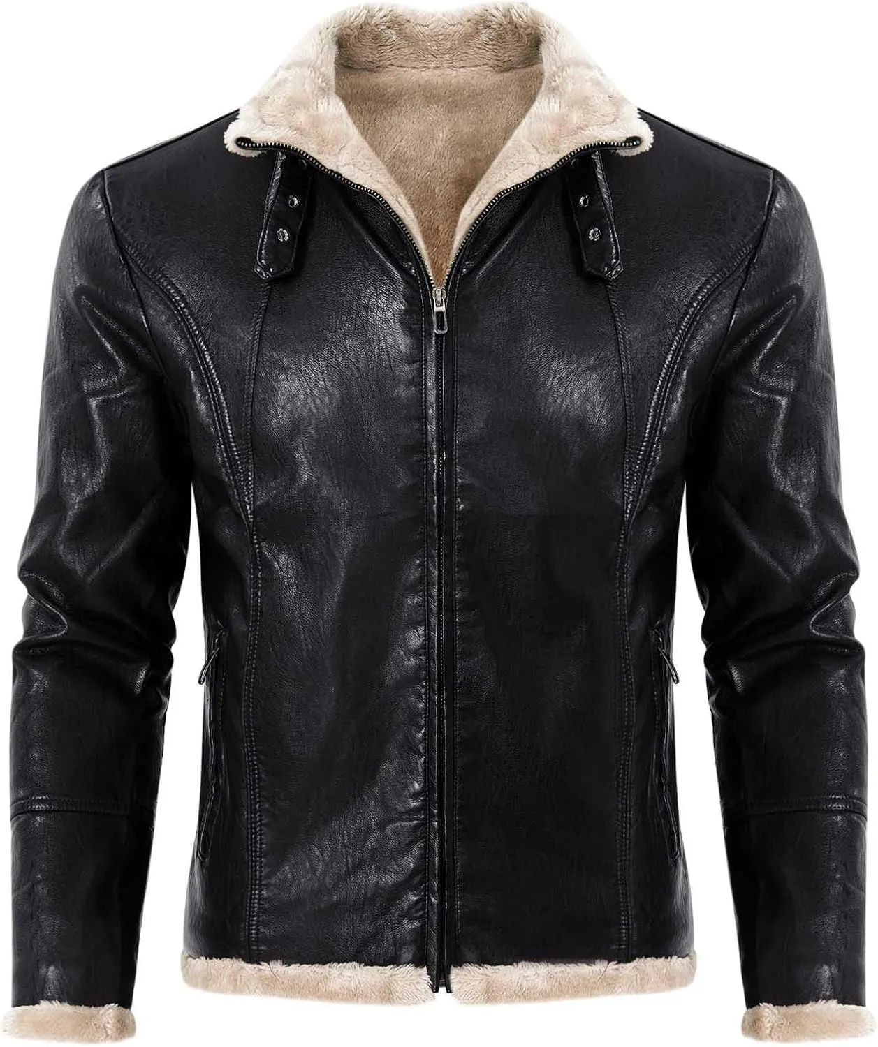 Zeiyignr Men's Faux Leather Trucker Jacket Slim Fit Bomber Jacket Casual Sherpa Fleece Lined Jacket Warm Coat With Fur Collar