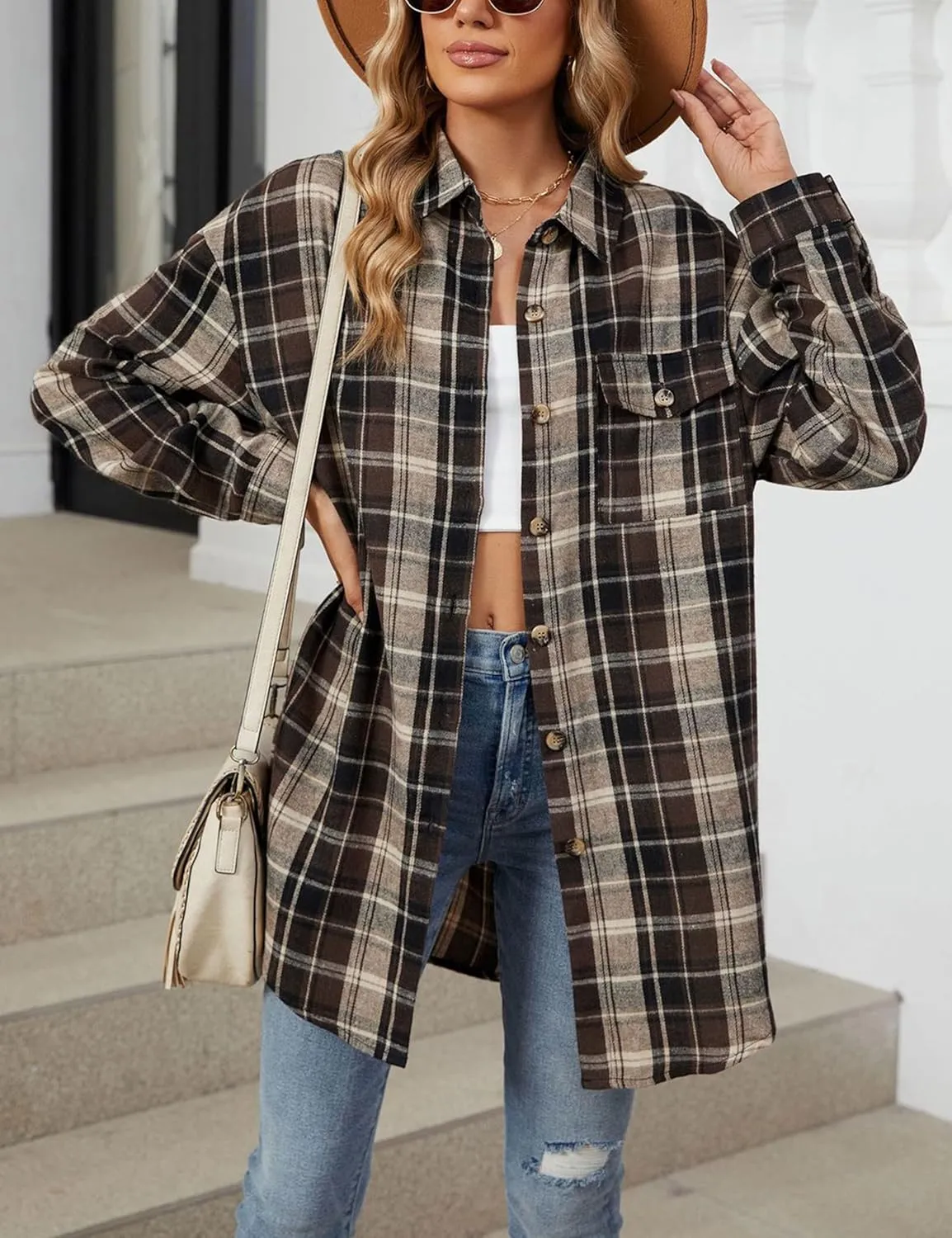 Zontroldy Womens Button Down Flannel Plaid Shirts Mid Long Casual Boyfriend Buffalo Pockets Shirt Jacket Shacket Coat