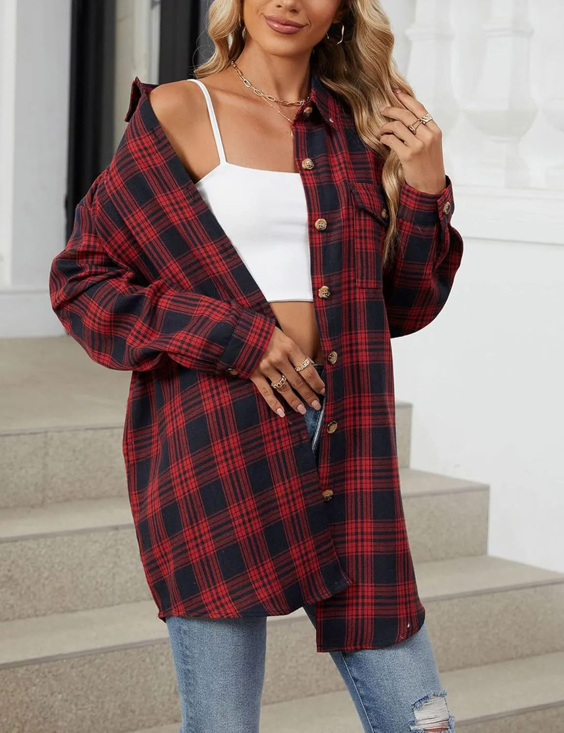 Zontroldy Womens Button Down Flannel Plaid Shirts Mid Long Casual Boyfriend Buffalo Pockets Shirt Jacket Shacket Coat