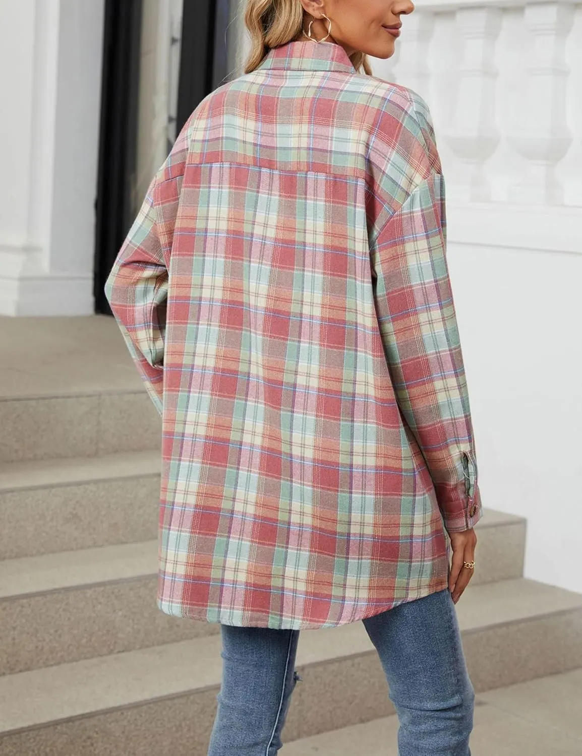 Zontroldy Womens Button Down Flannel Plaid Shirts Mid Long Casual Boyfriend Buffalo Pockets Shirt Jacket Shacket Coat