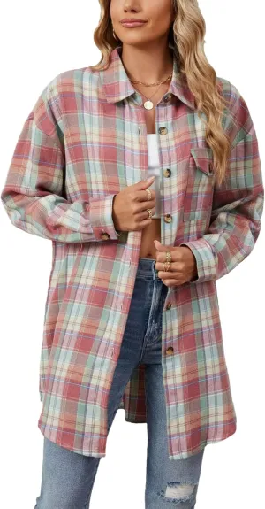 Zontroldy Womens Button Down Flannel Plaid Shirts Mid Long Casual Boyfriend Buffalo Pockets Shirt Jacket Shacket Coat