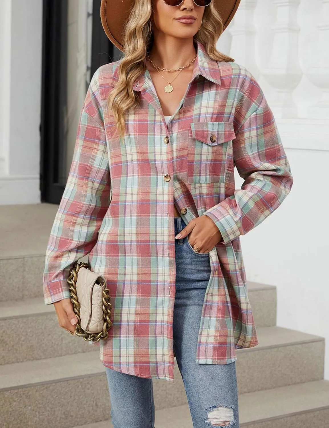 Zontroldy Womens Button Down Flannel Plaid Shirts Mid Long Casual Boyfriend Buffalo Pockets Shirt Jacket Shacket Coat