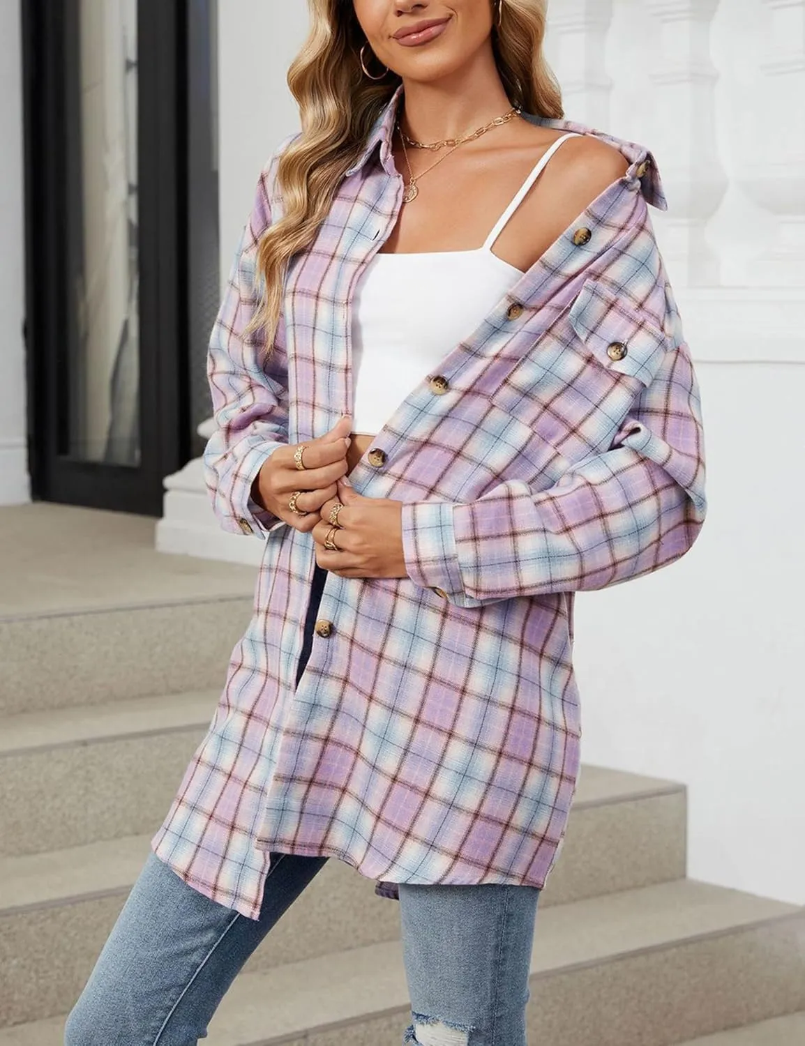 Zontroldy Womens Button Down Flannel Plaid Shirts Mid Long Casual Boyfriend Buffalo Pockets Shirt Jacket Shacket Coat