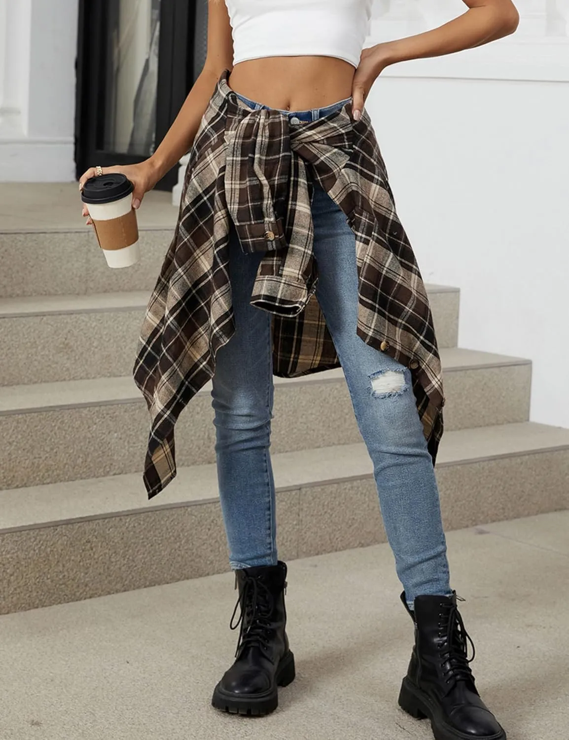 Zontroldy Womens Button Down Flannel Plaid Shirts Mid Long Casual Boyfriend Buffalo Pockets Shirt Jacket Shacket Coat