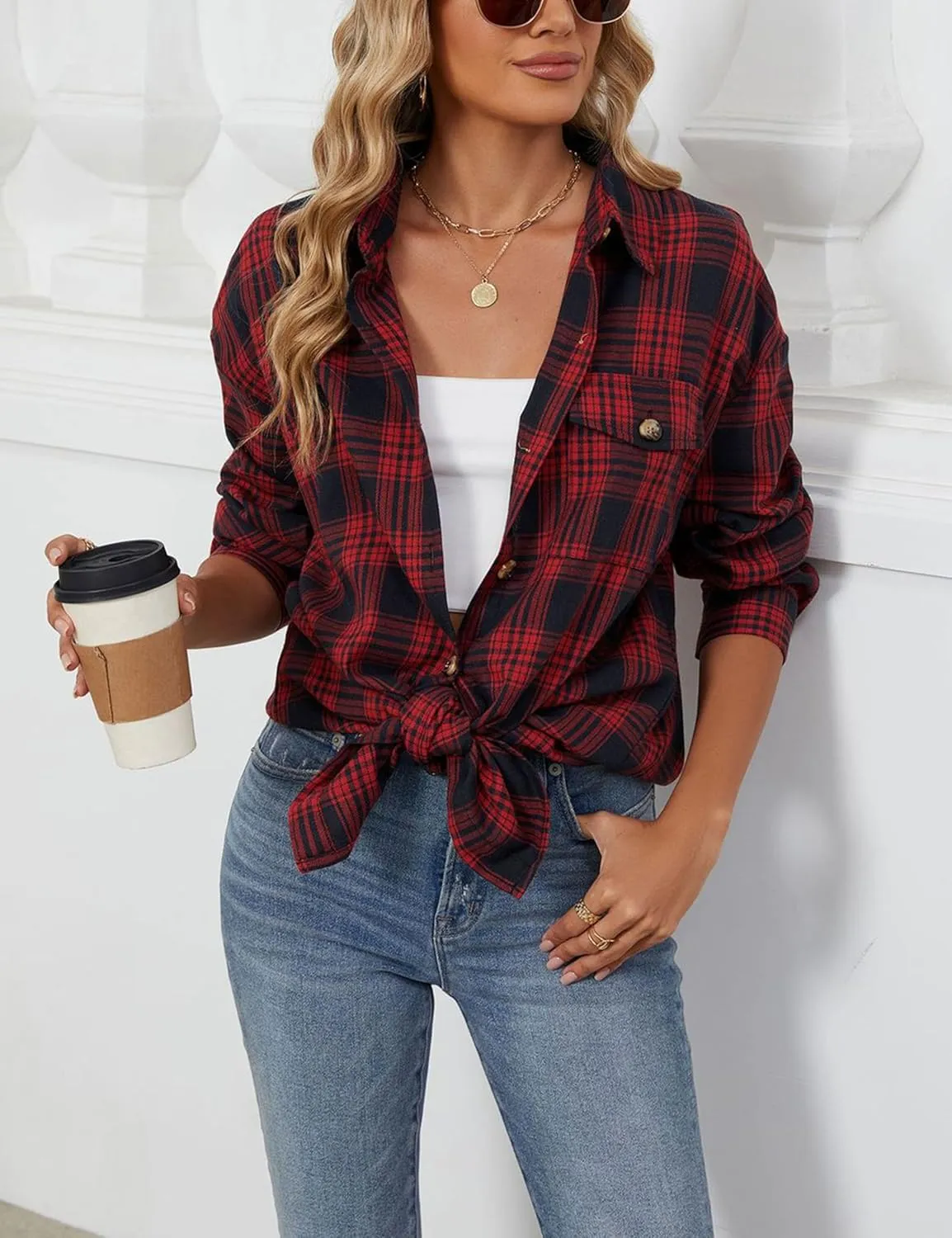 Zontroldy Womens Button Down Flannel Plaid Shirts Mid Long Casual Boyfriend Buffalo Pockets Shirt Jacket Shacket Coat