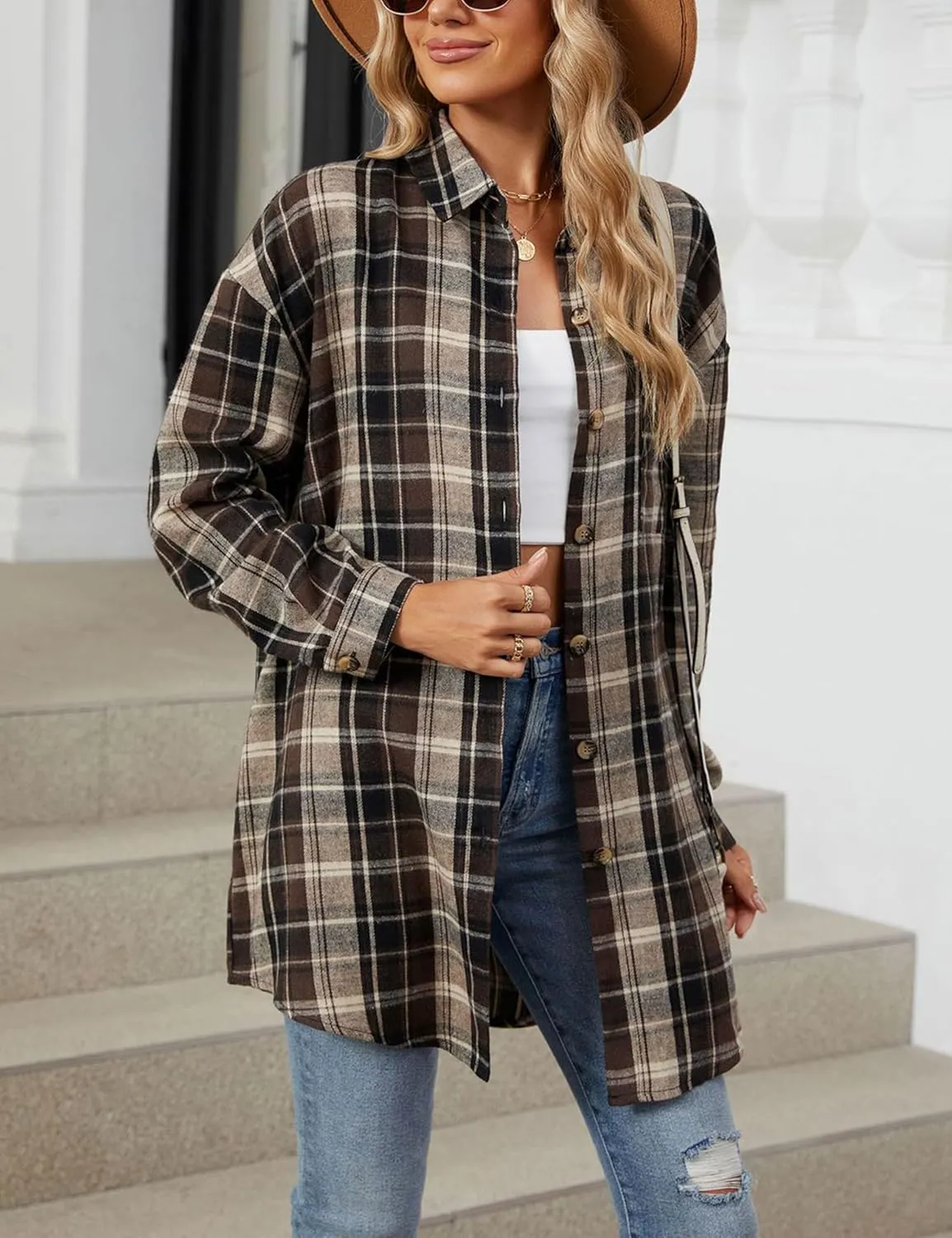 Zontroldy Womens Button Down Flannel Plaid Shirts Mid Long Casual Boyfriend Buffalo Pockets Shirt Jacket Shacket Coat