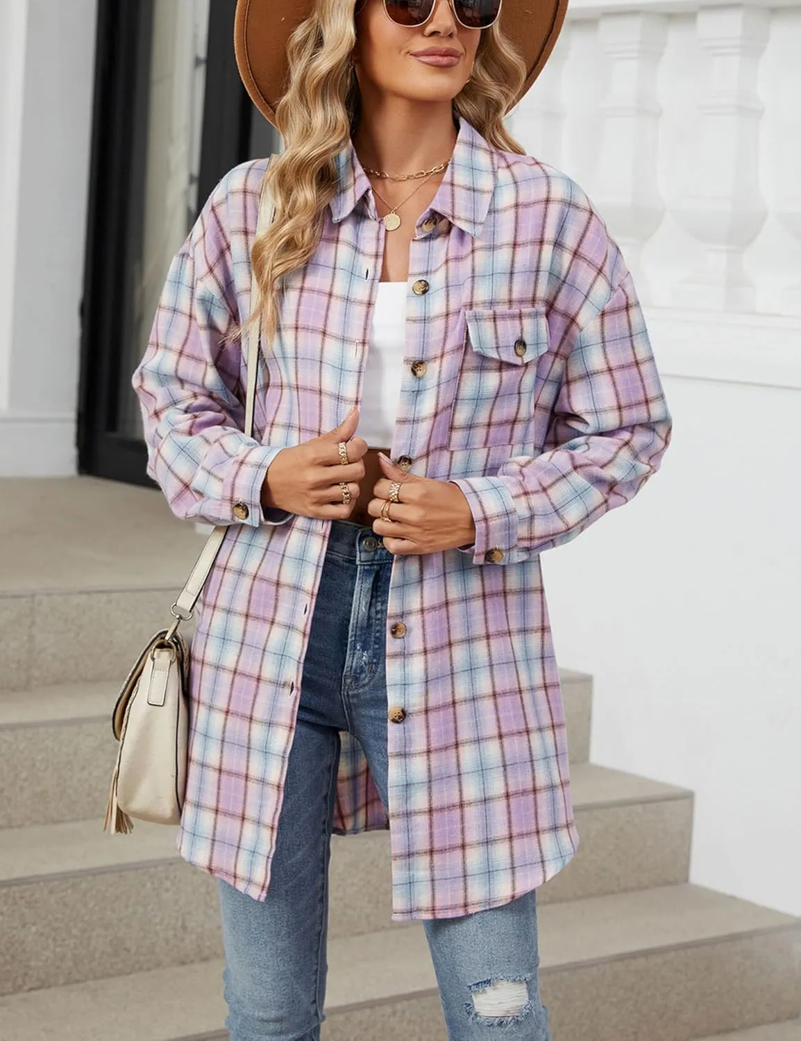 Zontroldy Womens Button Down Flannel Plaid Shirts Mid Long Casual Boyfriend Buffalo Pockets Shirt Jacket Shacket Coat