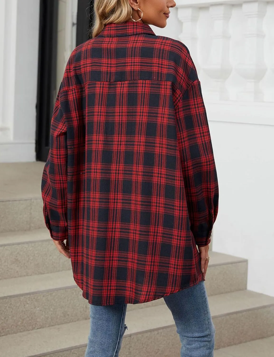 Zontroldy Womens Button Down Flannel Plaid Shirts Mid Long Casual Boyfriend Buffalo Pockets Shirt Jacket Shacket Coat