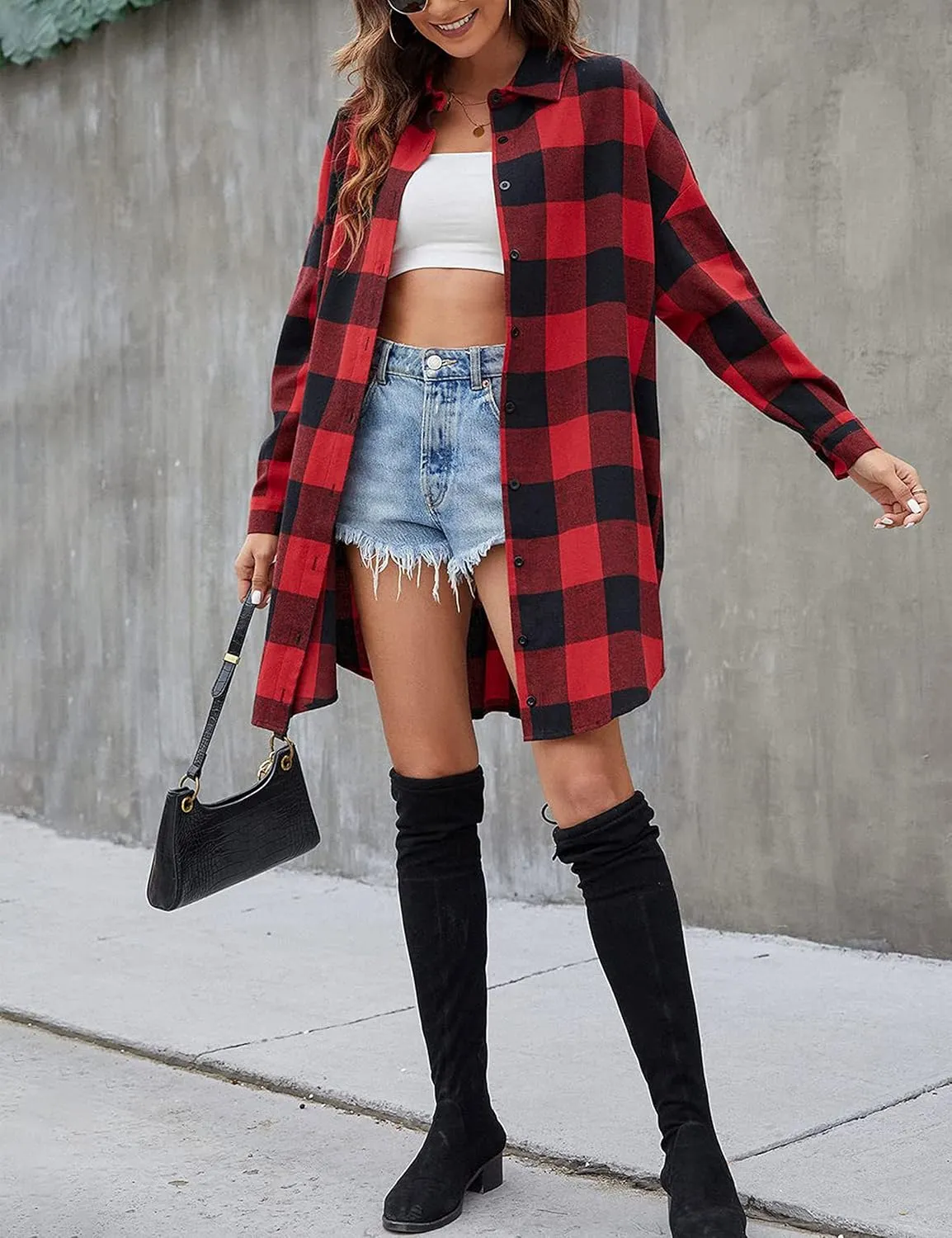 Zontroldy Womens Button Down Flannel Plaid Shirts Mid Long Casual Boyfriend Buffalo Pockets Shirt Jacket Shacket Coat