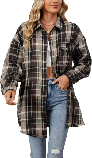 Zontroldy Womens Button Down Flannel Plaid Shirts Mid Long Casual Boyfriend Buffalo Pockets Shirt Jacket Shacket Coat
