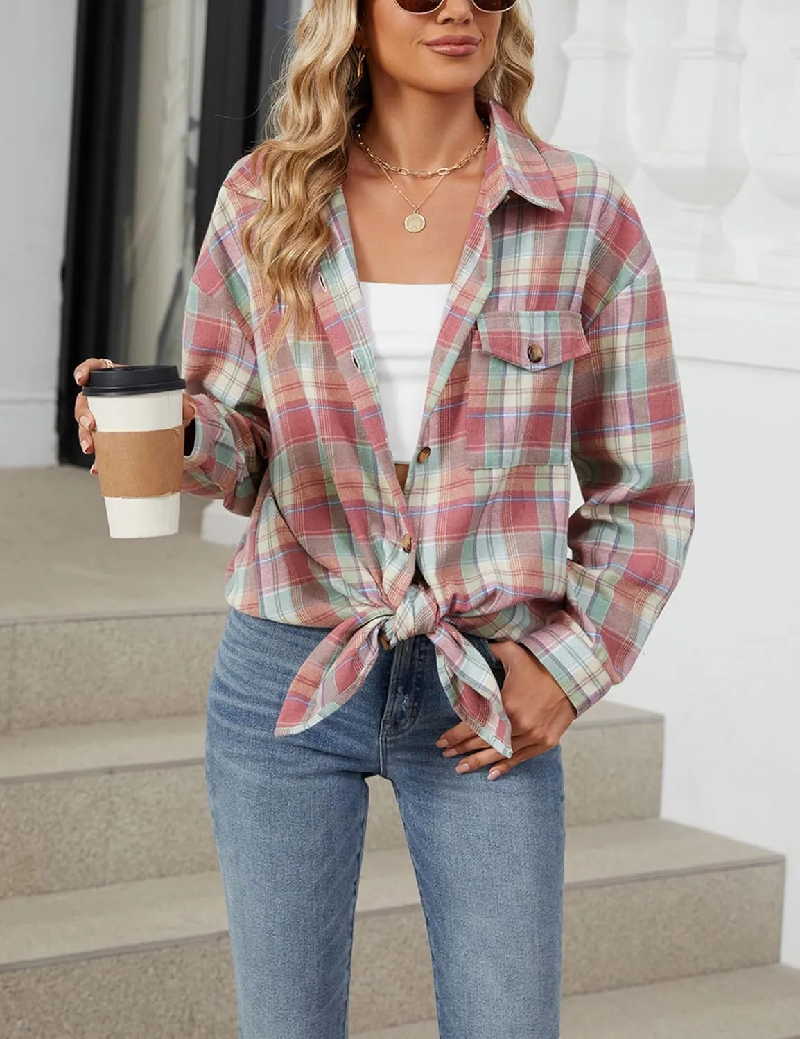 Zontroldy Womens Button Down Flannel Plaid Shirts Mid Long Casual Boyfriend Buffalo Pockets Shirt Jacket Shacket Coat