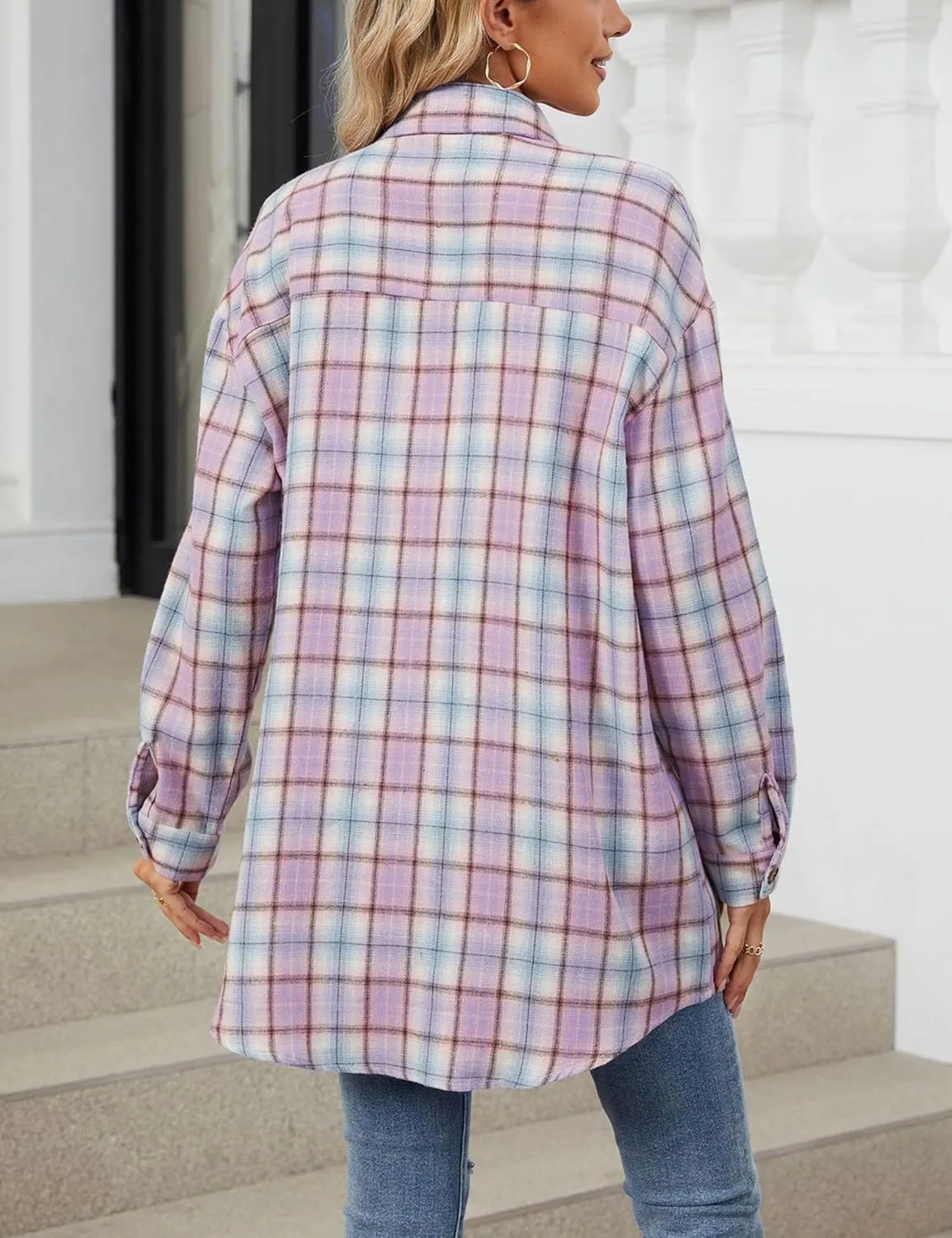 Zontroldy Womens Button Down Flannel Plaid Shirts Mid Long Casual Boyfriend Buffalo Pockets Shirt Jacket Shacket Coat