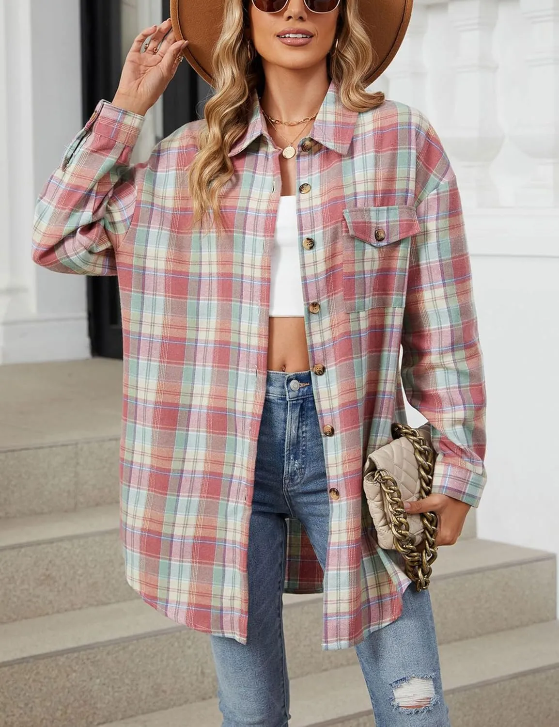 Zontroldy Womens Button Down Flannel Plaid Shirts Mid Long Casual Boyfriend Buffalo Pockets Shirt Jacket Shacket Coat