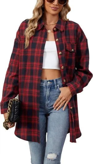 Zontroldy Womens Button Down Flannel Plaid Shirts Mid Long Casual Boyfriend Buffalo Pockets Shirt Jacket Shacket Coat