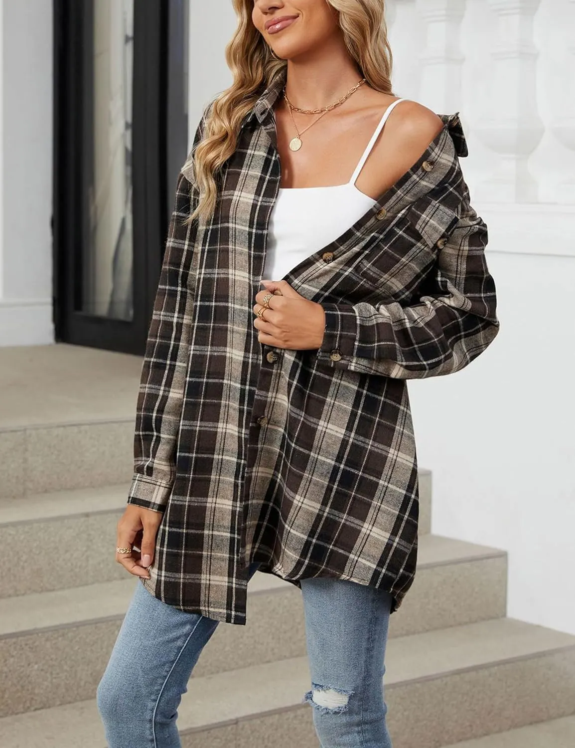 Zontroldy Womens Button Down Flannel Plaid Shirts Mid Long Casual Boyfriend Buffalo Pockets Shirt Jacket Shacket Coat