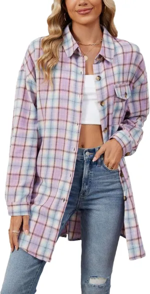 Zontroldy Womens Button Down Flannel Plaid Shirts Mid Long Casual Boyfriend Buffalo Pockets Shirt Jacket Shacket Coat