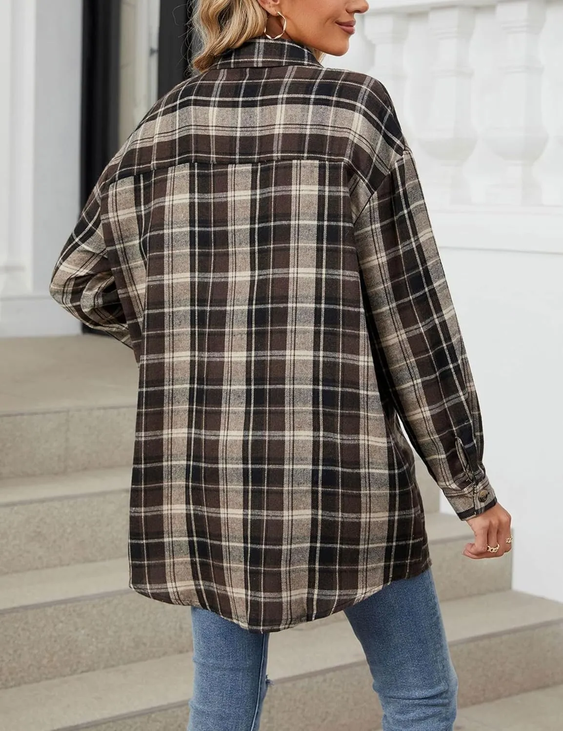 Zontroldy Womens Button Down Flannel Plaid Shirts Mid Long Casual Boyfriend Buffalo Pockets Shirt Jacket Shacket Coat