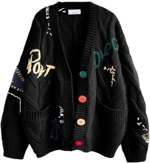 ZWRXW Women's Cable Knit Long Sleeve Sweaters Open Front Embroidery V-Neck Cardigans Button Down Knitted Coats with Pockets