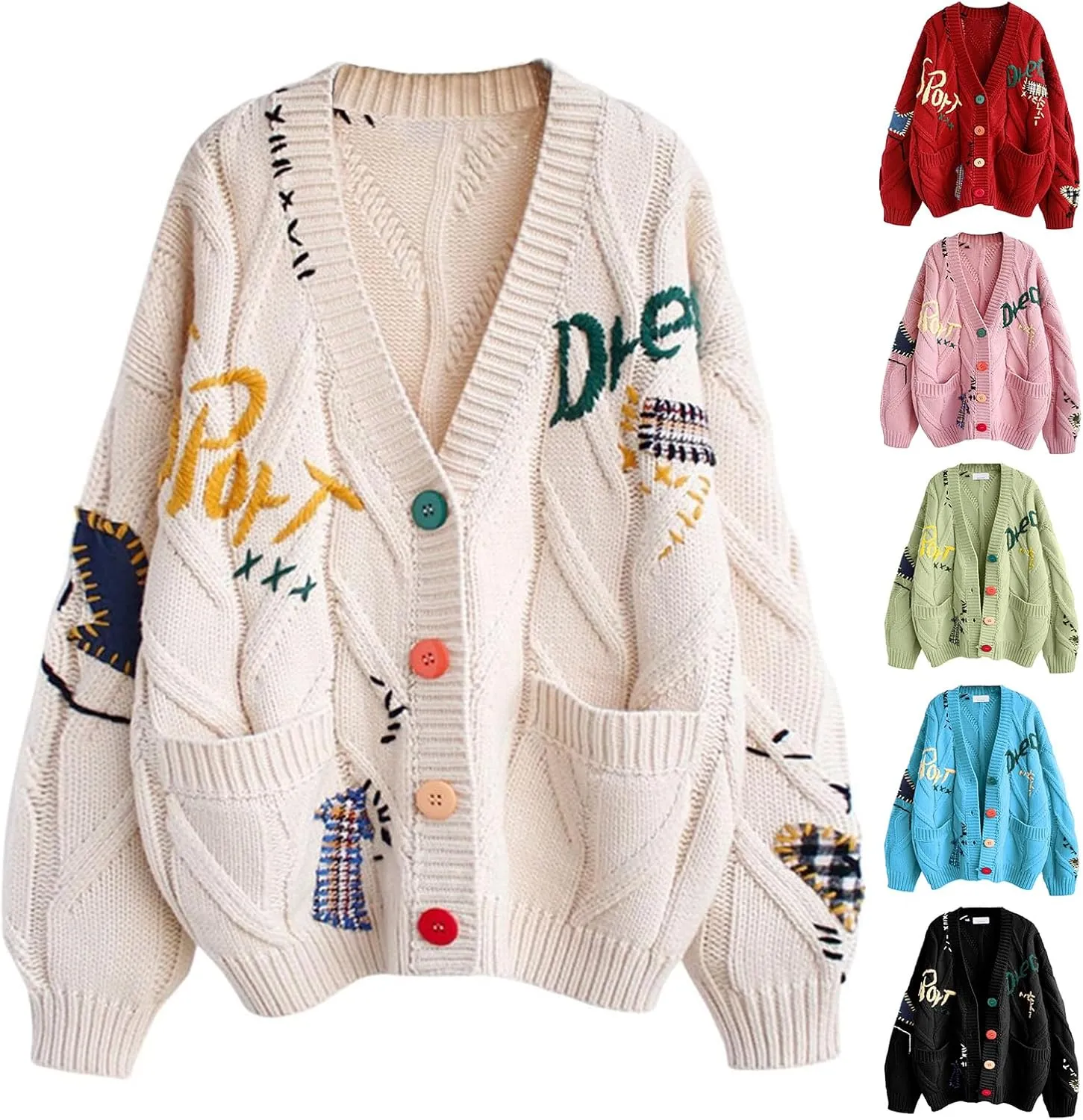 ZWRXW Women's Cable Knit Long Sleeve Sweaters Open Front Embroidery V-Neck Cardigans Button Down Knitted Coats with Pockets
